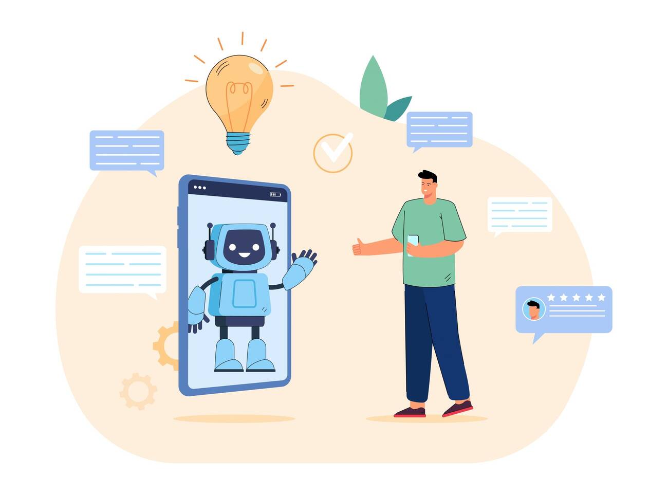 Ein KI-Roboter dessen Hand aus einem Smartphone heraus einem Mann zuwinkt