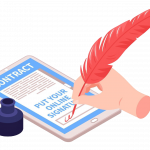 Eine Feder, die auf ein Tablet unterschreibt.