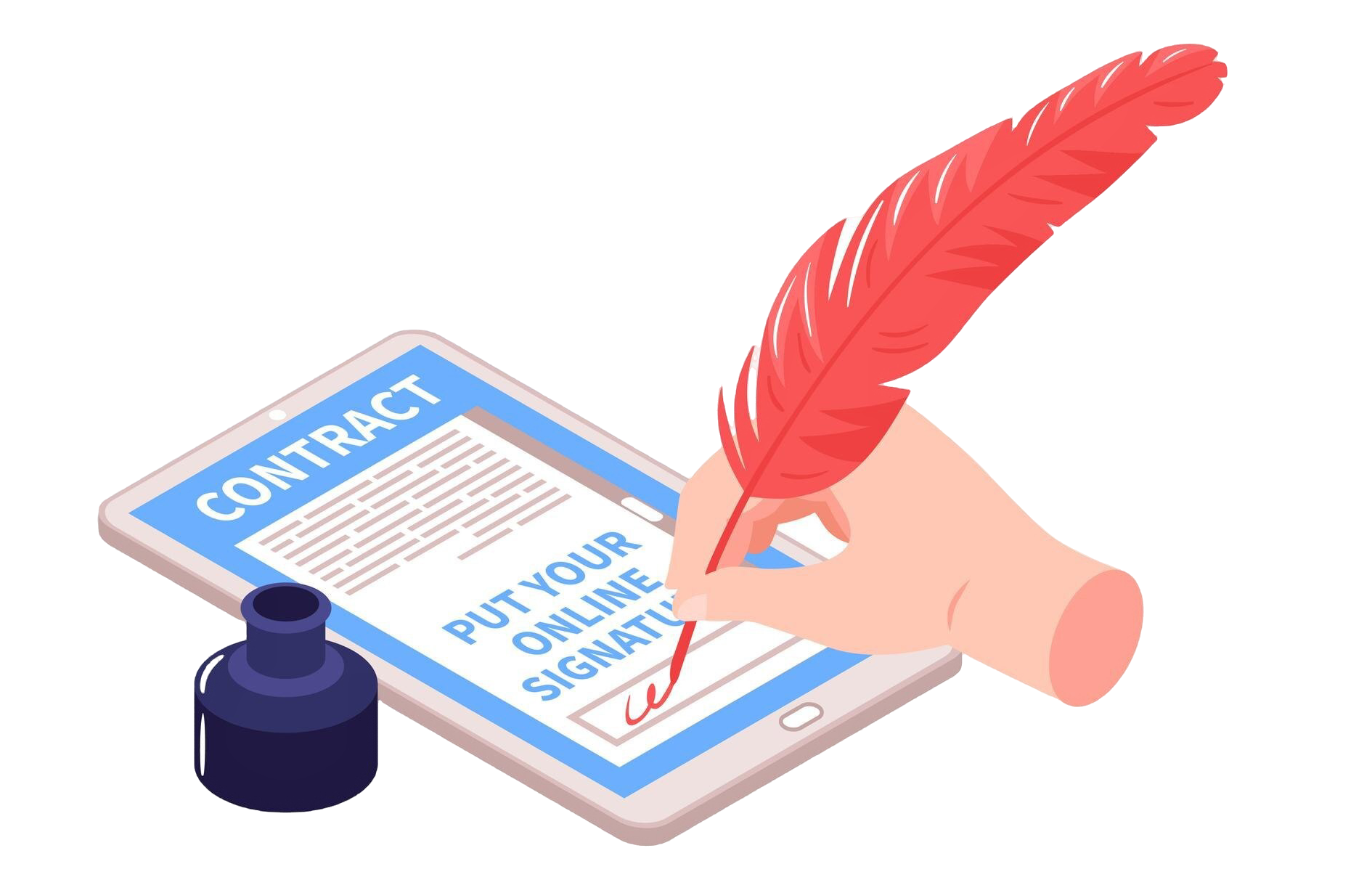 Eine Feder, die auf ein Tablet unterschreibt.